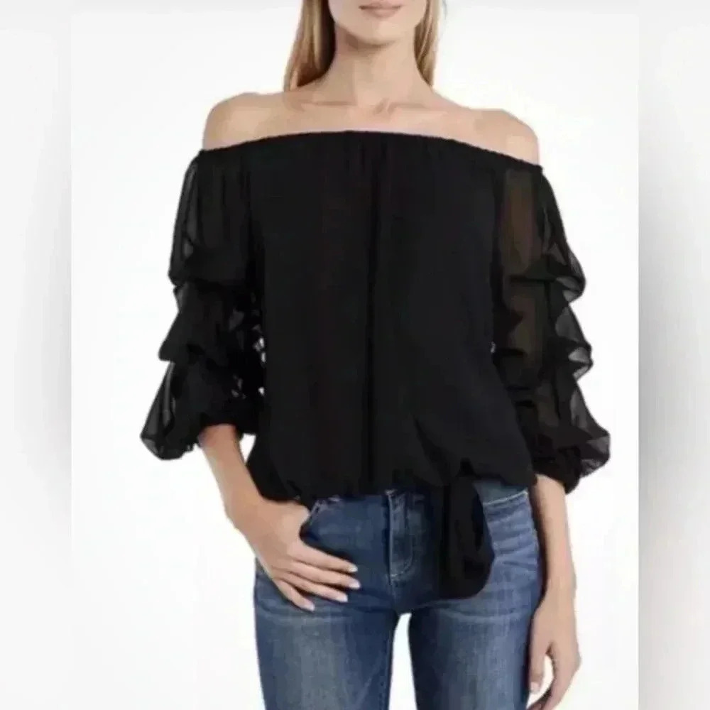 CeCe Women’s Navy Blue Off the Shoulder Bubble 3/4 Sleeve Tie at Waist Blouse M - Picture 3 of 16
